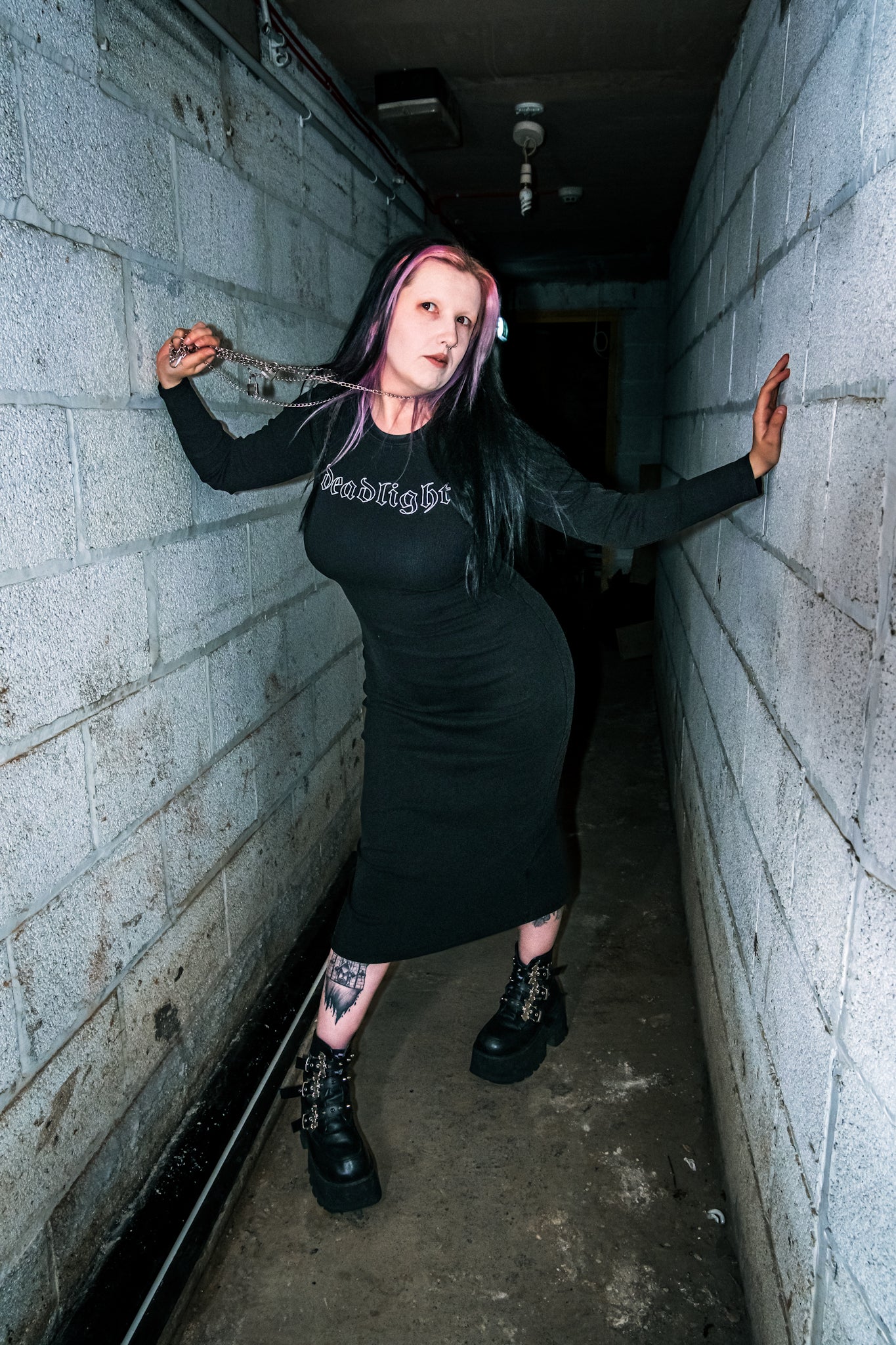 DEADLIGHT HOLLOW LOGO MIDI DRESS - BLACK
